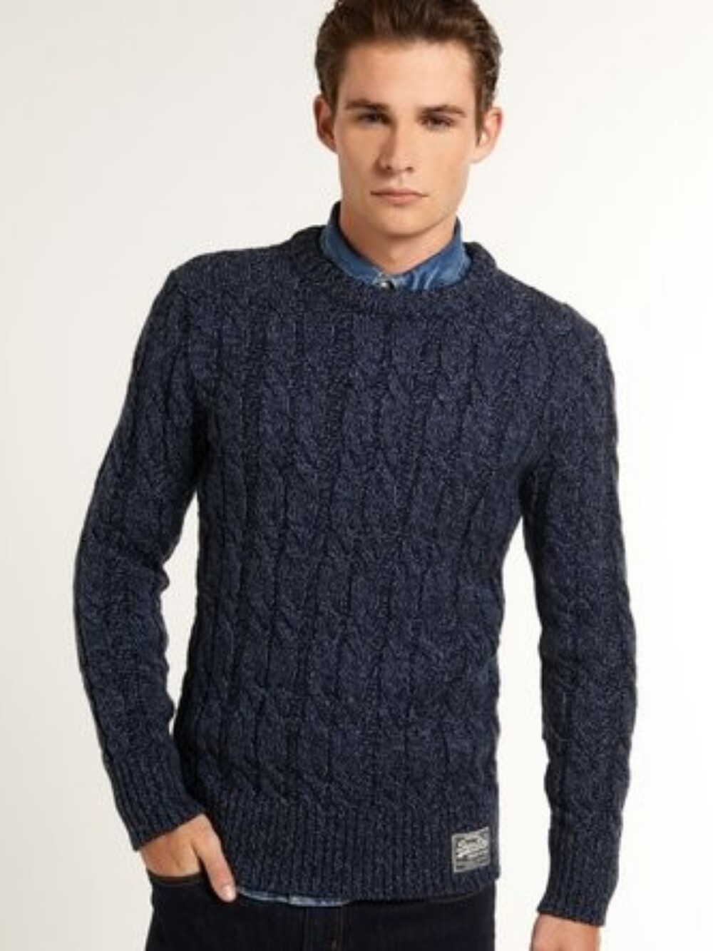 Superdry Jacob Fit Cable Knit Sweater Men's XXL Navy Twist Logo Wool Blend